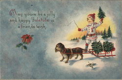 Yuletide Greeting with Child & a Dog pulling a Sled Postcard