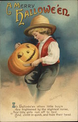 A Merry Halloween - Boy Holding Jack-o-Lantern and Knife Postcard