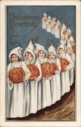 Line of White-Robed People Holding Jack-o-Lanterns Postcard