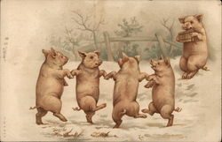 Five Pigs - Four Dancing, One Playing Pan Flute Postcard Postcard