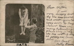 Woman on Ladder Practicing Diving into Water, Another Instructs Postcard