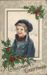 Christmas Greetings - A Young Boy in Blue with Holly Accents Children Postcard Postcard