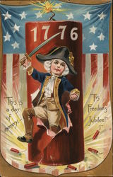 Youthful George Washington Raising Sword Near Firecrackers 4th of July Postcard Postcard