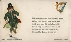 Irish Lad Dressed in Green Dancing, Harp with Female Body Advertising Postcard Postcard