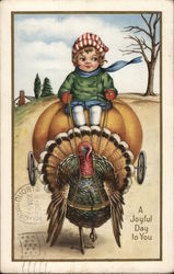 A Joyful Day to You - Child Riding a Pumpkin pulled by a Turkey Turkeys Postcard Postcard