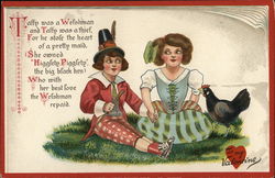 Young Man and Young Woman Seated on Grass near Chicken Postcard