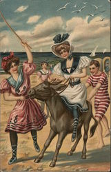 Lady on Horse Near Young People in Swimsuits at Shore Swimsuits & Pinup Postcard Postcard