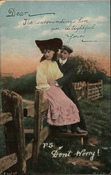 Man with Hands Around Waist of Woman Seated on Fence Postcard