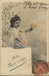 Young Girl Offering Bouquet of Yellow Flowers Postcard