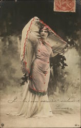 Woman Holding Shawl Above Her Head, Red Accents Postcard