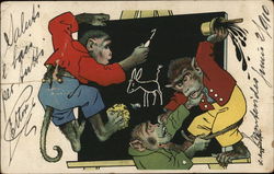 Three Monkeys in Suits Fighting Near Blackboard Postcard