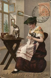 Woman Sewing Postcard