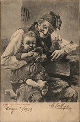 Elderly Man Holding Baby Playing with Pipe Children Postcard Postcard