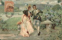 Couple Seated on Bench in Garden Reading Letter Couples Postcard Postcard