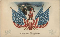 Santa Walking with Gifts Through Snow Framed by Flags Postcard