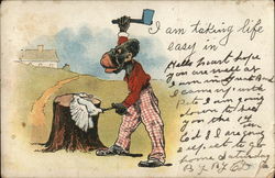 Man with Ax Raised About To Cut Chicken's Neck Black Americana Postcard Postcard