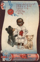 Black Child with Dog and Small Bear Postcard