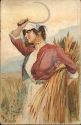 Woman Working in the Field, Sickle Women Postcard Postcard