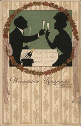 Silhouette of Romantic Couple Toasting with Champagne Glasses Honeymoon Postcard Postcard