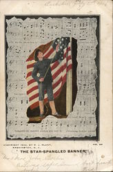 Soldier with Flag Overlay on Sheet Music Postcard