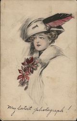 Drawing of Woman in Plumed Hat, Red Flowers at Bosom Women Postcard Postcard