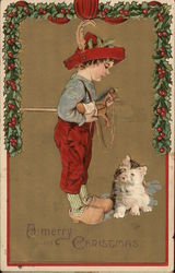 Boy Holding Toys Wearing Homemade Hat, Cat at Feet Postcard