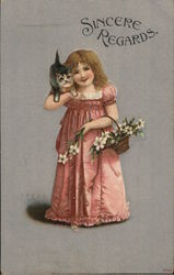 Young Girl with Kitten on Shoulder, Holding Basket of Flowers Postcard