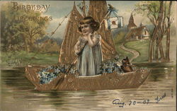 Young Girl in Golden Boat with Flowers and Cat Birthday Postcard Postcard