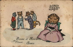 Cat in Woman's Clothing Seated, Four Man-Dressed Cats Talking Postcard