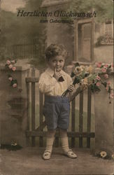 Young Boy Holding Bouquet of Flowers Postcard