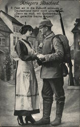 Solder Holding Hands of Young Woman in Street World War I Postcard Postcard