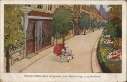 Two Small Children Running Down Street with Large Red Bouquet Postcard Postcard