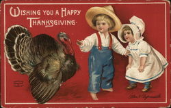 Wishing You a Happy Thanksgiving - Turkey & Two Farm Children Postcard Postcard