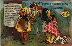 Two Female Hunters, One Has Small Man in Sack Leap Year Postcard Postcard