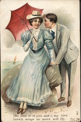 Young Man Speaking to Young Woman with Umbrella Couples Postcard Postcard