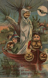 Youngsters in Boat with Masks, One in Costume Postcard