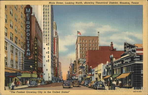 Main Street Looking North showing Theatrical District Houston, TX Postcard