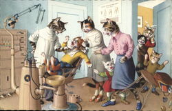 Cartoon Cats in a Dentist's Office Postcard