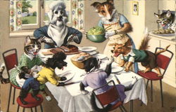 Cats and Dogs 'round the Dinner Table Postcard Postcard Postcard