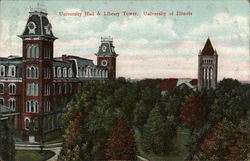 University Hall and Library Tower, University of Illinois Postcard