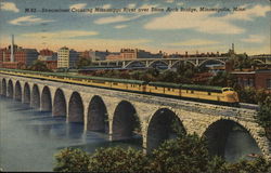 Streamliner Crossing Mississippi River Over Stone Arch Bridge, Minneapolis, Minn. Trains, Railroad Postcard Postcard Postcard