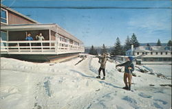 Two Skiers on a Slope Calling to Two People on Porch of an Inn Skiing Postcard Postcard Postcard