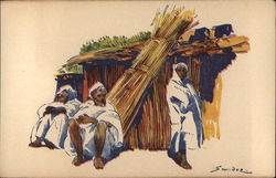 Illustration of North African Men Outside Thatched Hut Postcard