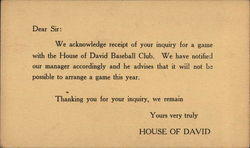 Correspondence Card from House of David Thanking for Inquiry Postcard Postcard