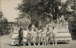 Six Women, Two Men Standing on Front of Parade Float, 1930 Patriotic Postcard Postcard Postcard