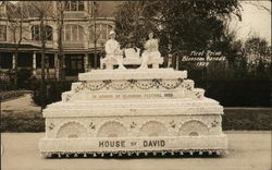 First Prize Blossom Parade Float 1929 with Man and Woman Seated on Top Postcard