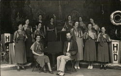 Group Photo of Ladies in Gowns on Stage, One Man Seated Benton Harbor, MI House of David Postcard Postcard Postcard