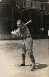 Long-Haired Baseball in Uniform Posed with Bat Postcard