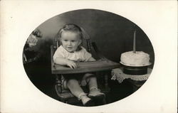 Blond Toddler in High Chair Near Cake with One Candle Postcard