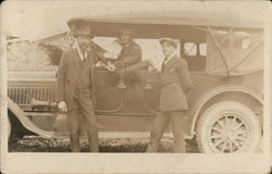 Three Men With Car, One In Driver's Seat - House of David Members Postcard